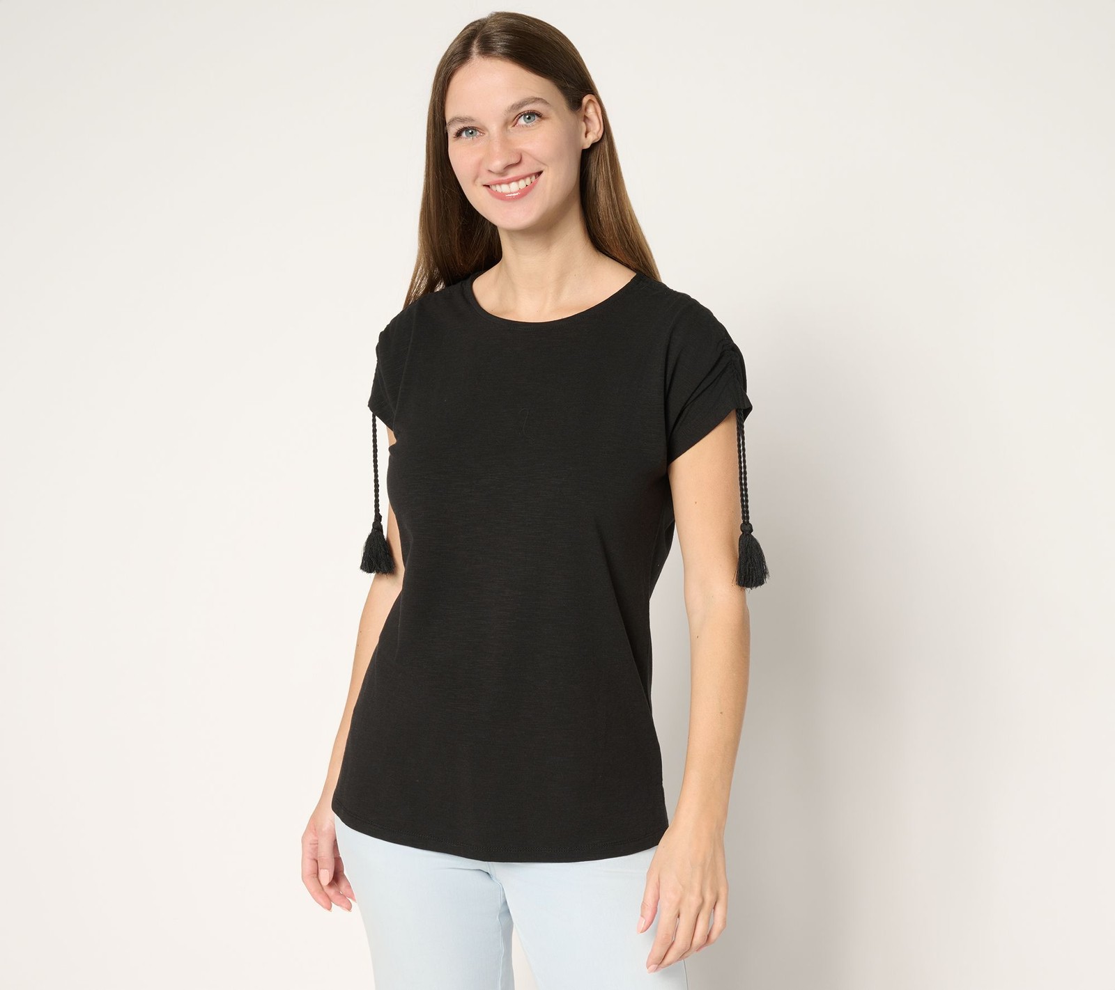 Belle by Kim Gravel Women's Top Sz L Slub Knit Ruched Sleeve w Black A688227