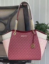 MICHAEL KORS JET SET TRAVEL LARGE CHAIN SHOULDER TOTE BAG MK CHERRY PINK LOGO