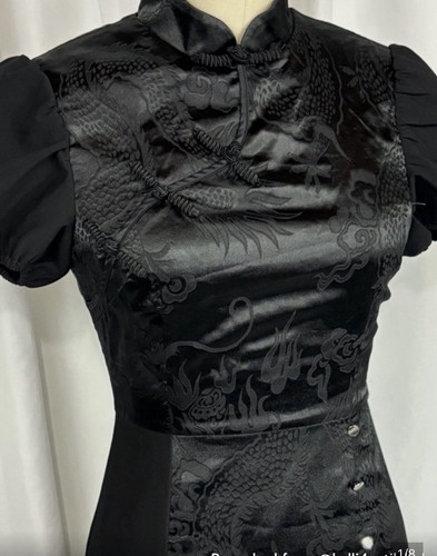 Women’s Black Satin Dragon Cheong-sam Qipao Dress M Mandarin Collar Slit