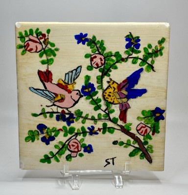 VTG Hand-Painted Floral & Bird Design Ceramic Tile, Spain
