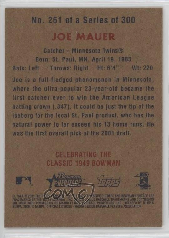 2006 Bowman Heritage Joe Mauer #261 HOF - Image 2 of 2