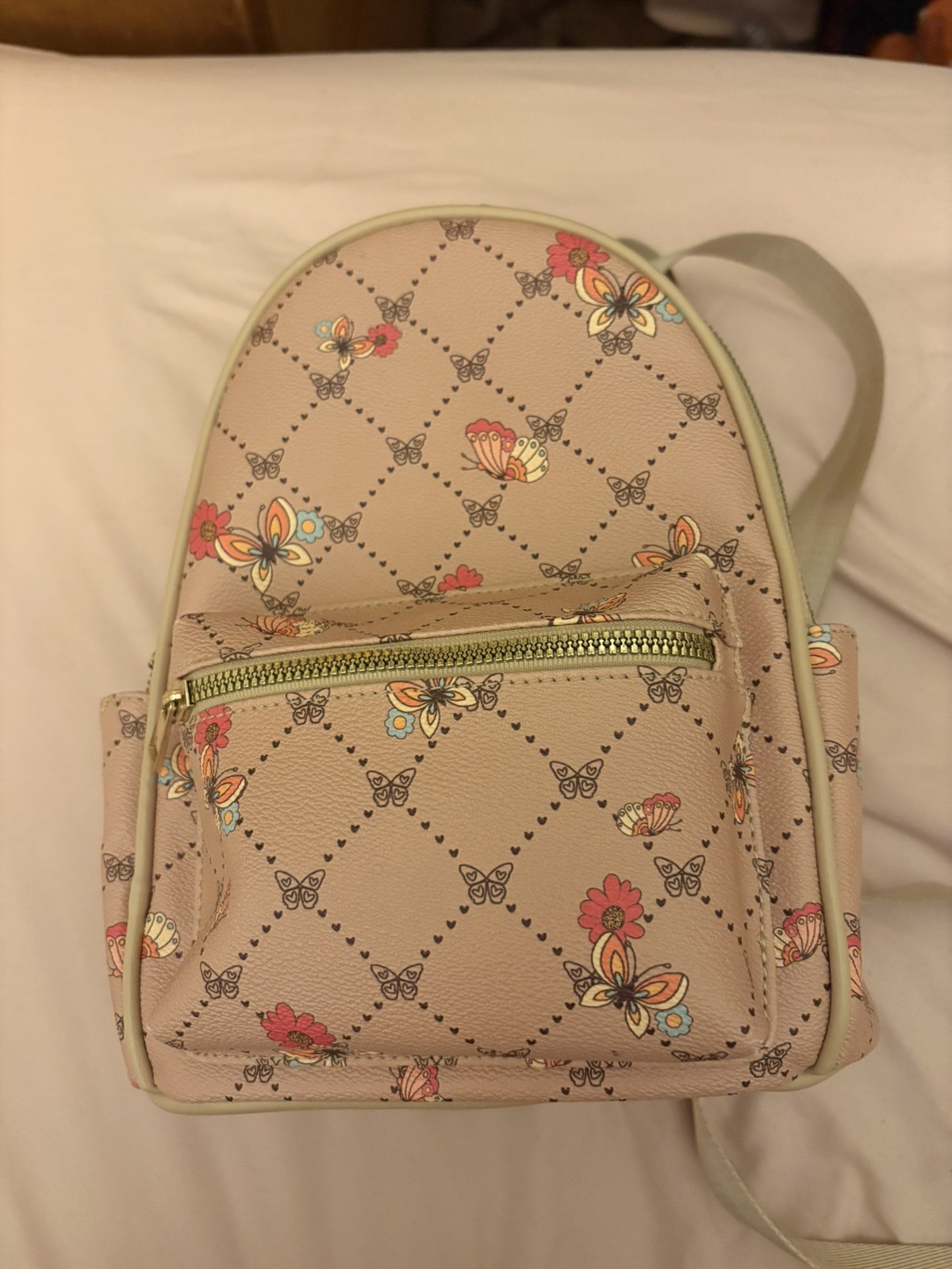 Like Dreams Tan Pink Roses Vinyl Adjustable Zip Floral Mini Backpack