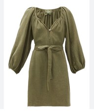 Loup Charmant Green Cotton Gauze Shift Dress Belt Distressed Hem Sz M Pockets