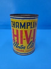  1940s era CHAMPLIN HI-V-I MOTOR OIL Old Solder Seam Tin 1 Quart Can Man Cave