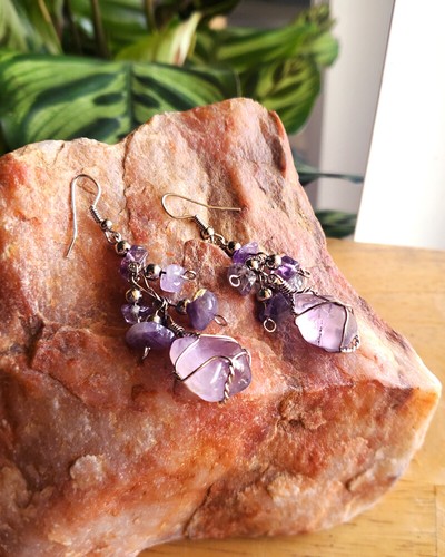 Wire Wrapped Stone Healing Crystal Long Dangle Earrings Handmade Boho New Age - Picture 13 of 21