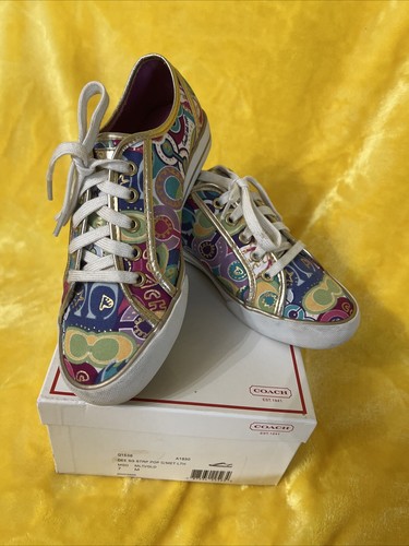Coach Dee Goldrand mehrfarbige Logo Schnürschuhe Turnschuhe Größe 7M