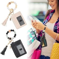 Women Wristlet Bracelet Keychain Wallet, Silicone Beaded Bangle Keyring Tassel