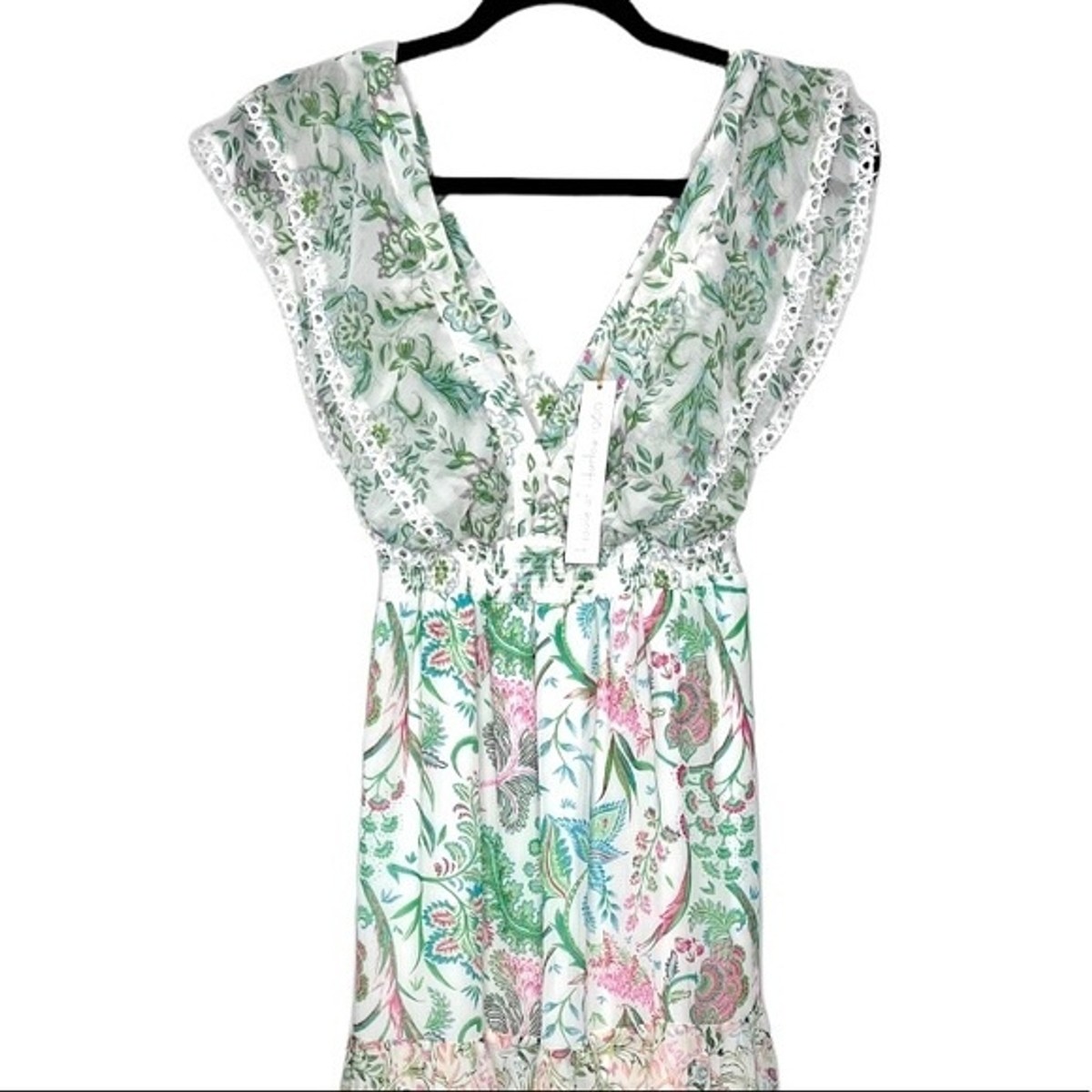 House of Harlow 1960 Floral Dress, Lace Trim, Tiered Maxi, Green/Blue, Size  XS