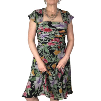 Vintage Talbots Pure Silk Fit and Flare Dress Small Black Floral Key Hole Back
