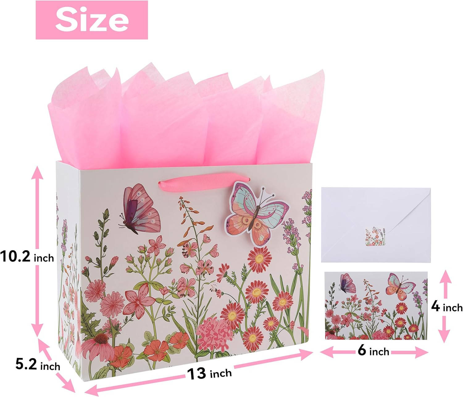 13" Large Pink Gift Bag Set with Greeting Card and Tissue Papers (3D Butterfly a