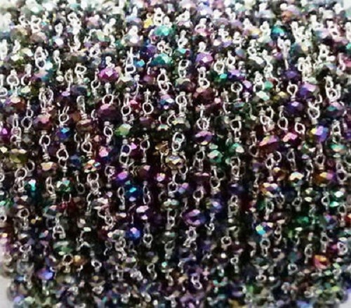 50"inch Mystic Color Quartz Rondelle Faceted 3-4mm Beads, Silver Rosary Chain - Picture 3 of 4