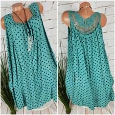 NEW ITALY SUMMER BEACH BREEZY DRESS TUNIC POLKA DOT CROCHET LACE GREEN 42-46