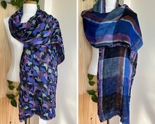 Jitni Reversible Wool Scarf Plaid Camo Print USA Made Blue Purple Black 75”X14”