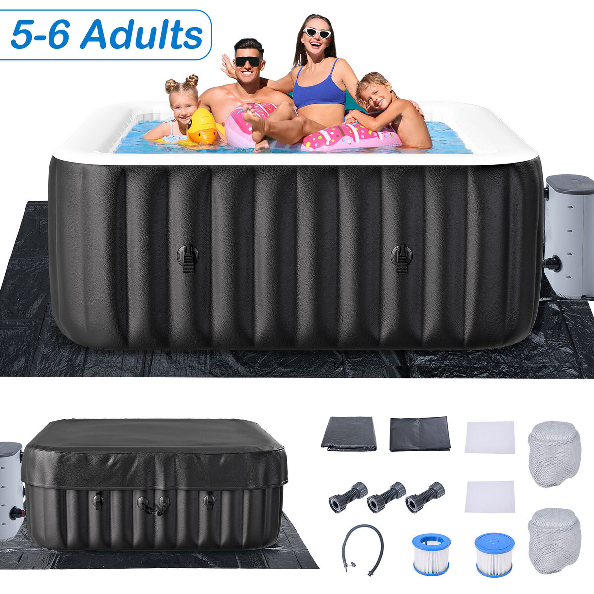 Glonerle 2-4 Person Inflatable Hot Tub, Large Square Portable Hot Tub, Leak-proof PVC Outdoor Spa With 120 Air Jets, Blow Up Hot Tub With Heater Pump And