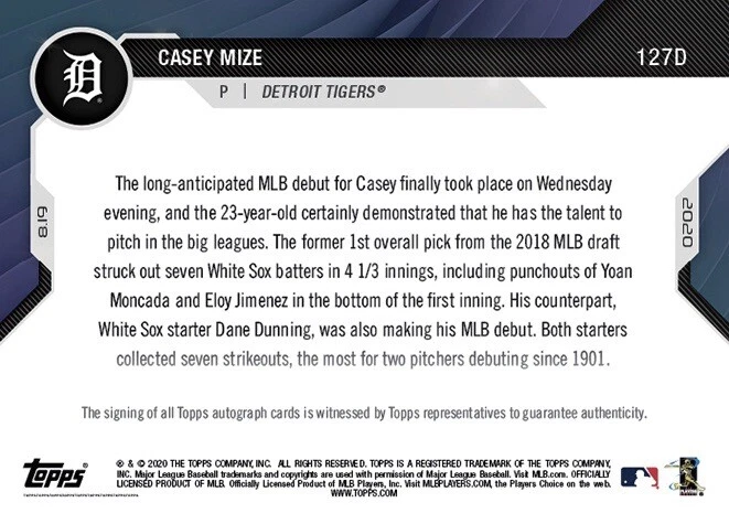 2020 Topps Now Casey Mize 127D Red Call-Up  Too 10 Prospect Tigers 01/10 - Image 4 of 4