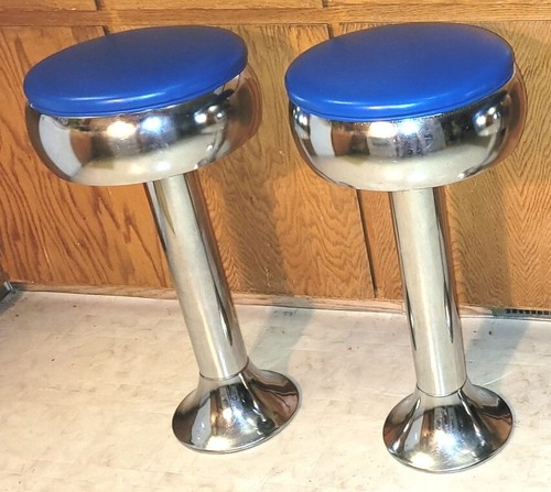 PAIR OF VINTAGE 28-1/2” CHROME DINER BAR SODA FOUNTAIN SWIVEL STOOLS - BLUE