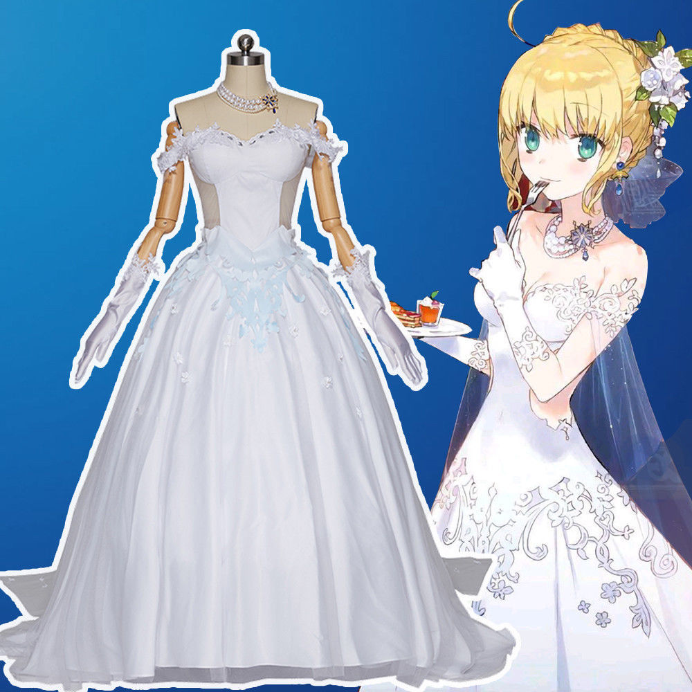 Fate Go FGO Avalon Saber Arturia Women White Wedding Dress Cosplay