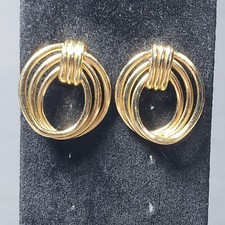 Studded Dangle Knot Earrings Gold Tone Hoop Mid Century Modernist Pierced 1"