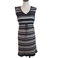 Laundry by Design Dress Womens Large Chevron Knit Black Gray Tie Waist Lined