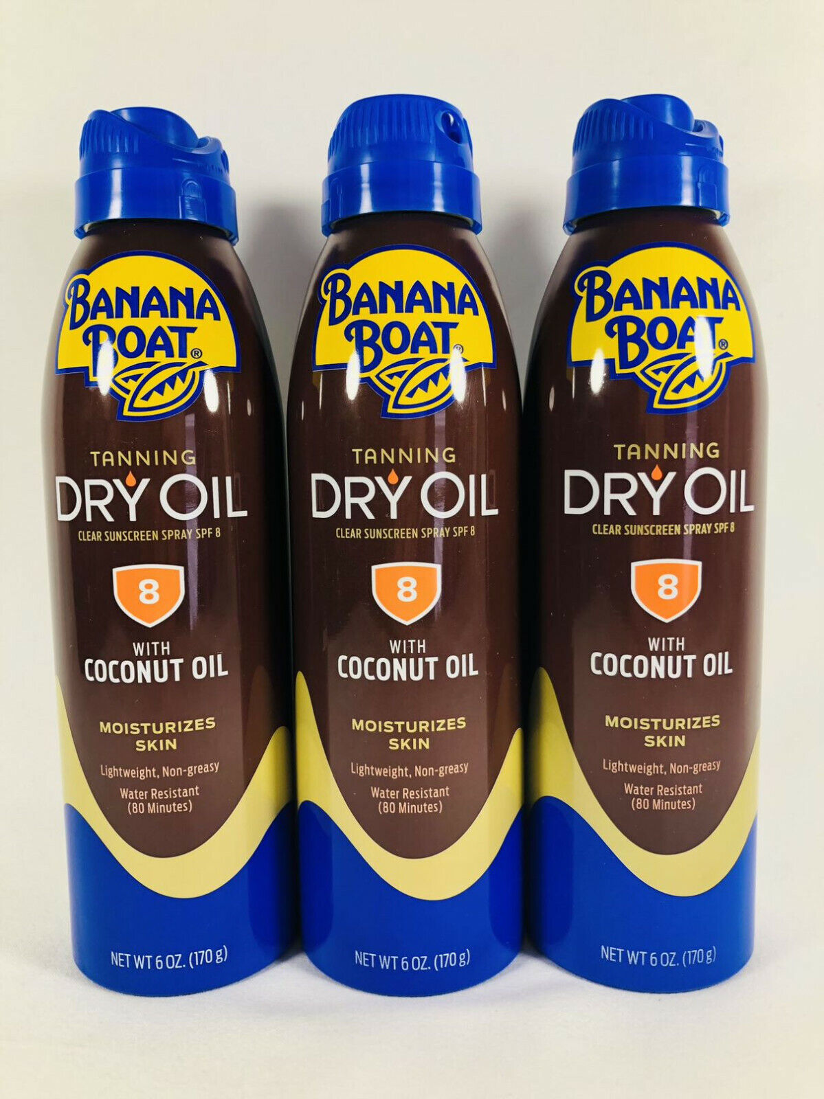 Lot of 3 Banana Boat Tanning Dry Oil Spray With Coconut Oil 6 oz. SPF 8