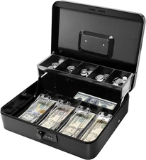 Secure Locking Cash Box with Key or Comnination, Money Tray, and Organizer - Met