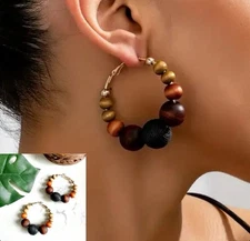 Wood Bead Gold Hoop Earrings Tropical Dark Light Brown  Boho Jewelry Gift NEW