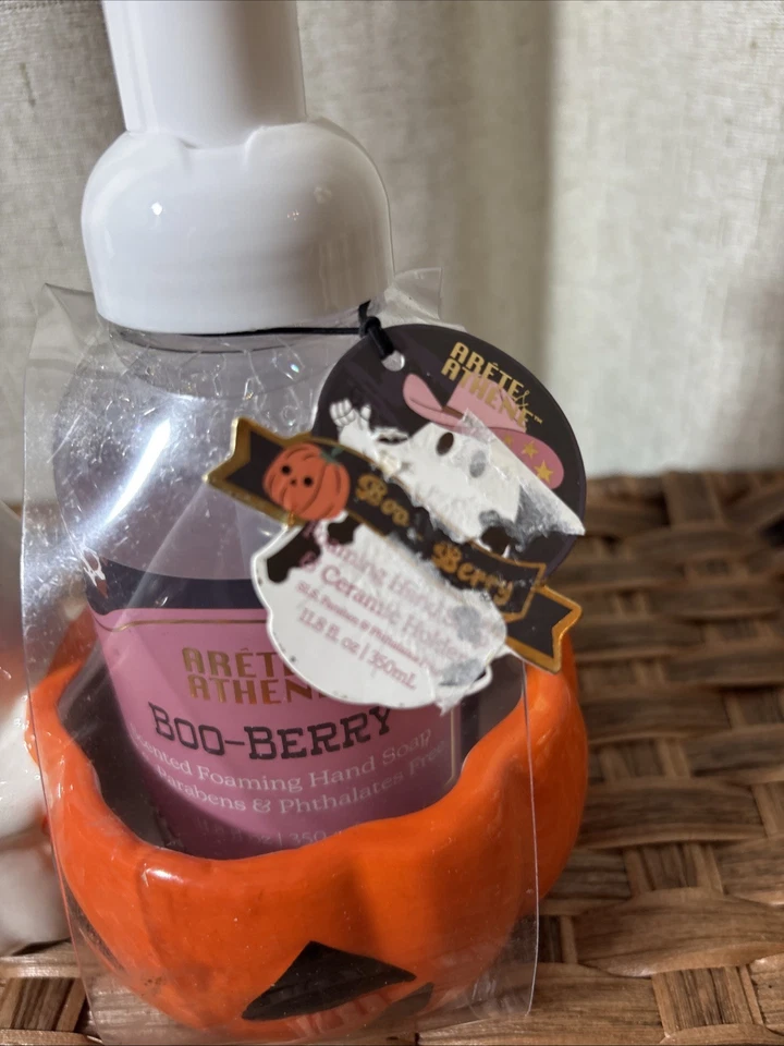 Dispensador de sabão de cerâmica Arete Athene Ghost Pumpkin Boo Berry 11,8 fl oz NOVO - Imagem 4 de 4