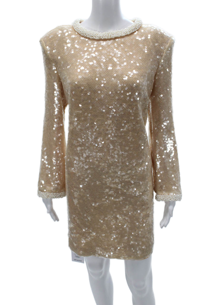 Self Portrait Women Beige Sequin Mini Dress Long Sleeve Size 12Free Shipping in US $100+ Orders | $6.95 Orders Below