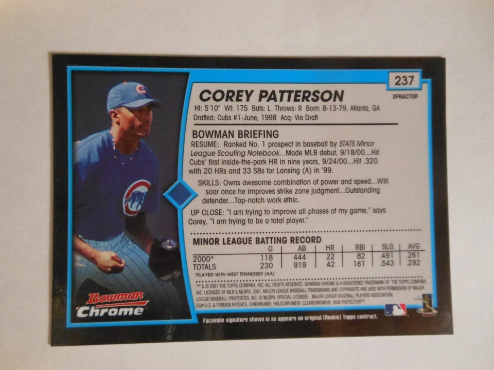 Tarjeta 237 Bowman Chrome Xfractor Corey Patterson 2001 Foto 4 de 4