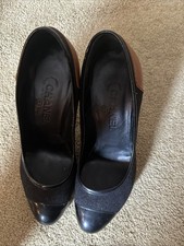 CHANEL Women's Lambskin Cap Toe Pumps High Heel Beige  Black Leather Size 38.5