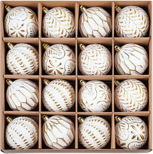 Christmas Ball Ornaments Set, 16Ct 80Mm Elegant White and Gold Assorted Xmas Tre