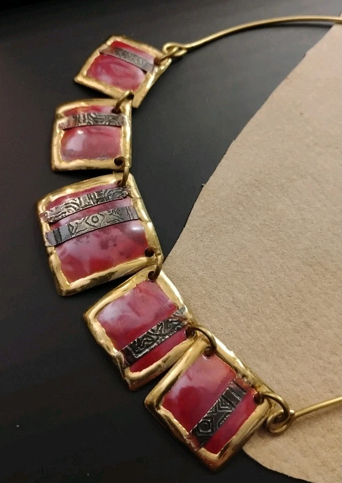 Эмалированная МЕТАЛЛИЧЕСКАЯ латунь и серебро Artistan (?) Ожерелье сварное 16 дюймов + панели! - Изображение 2 из 4