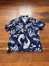 Vintage 60s/70s JC Penney Towncraft Blue Hawaiian Aloha Tiki Shaheen L Button Up