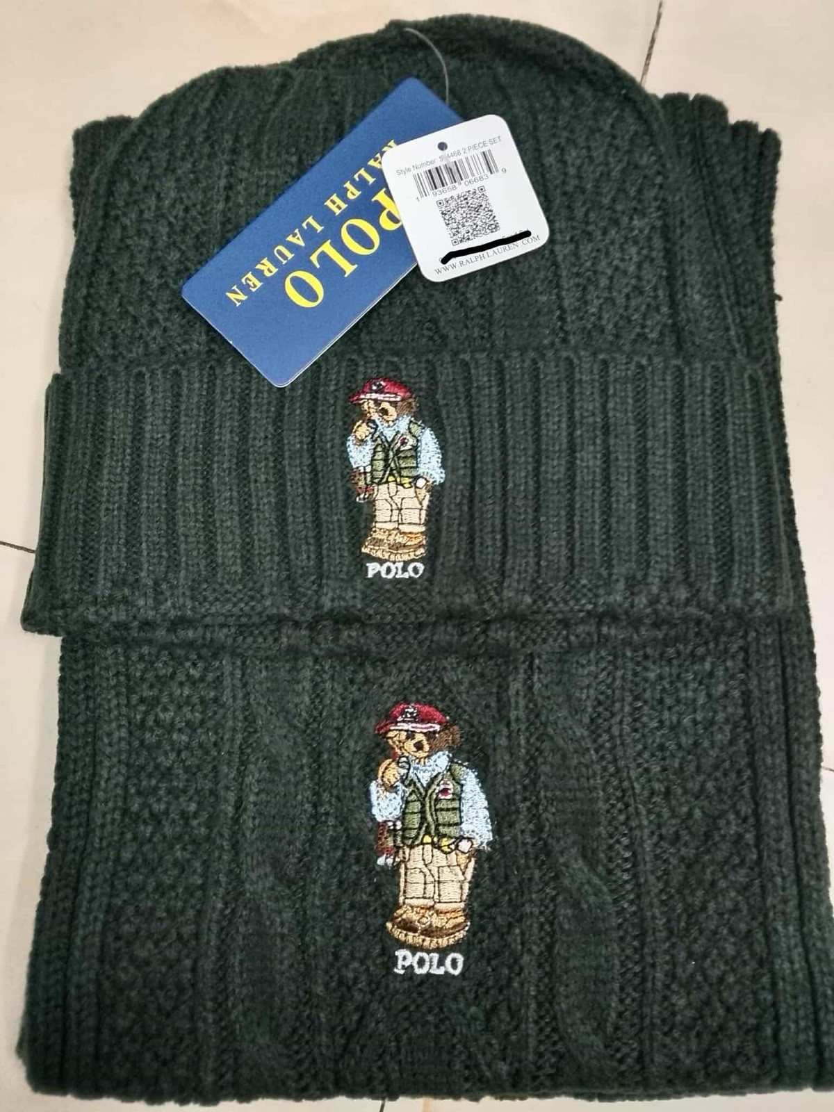 Ralph Lauren Polo Bear Dark Green Men Women Cable Knit Scarf Beanie Hat 2 Pc Set