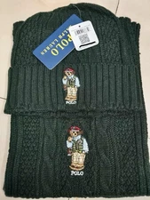 Ralph Lauren Polo Bear Dark Green Men Women Cable Knit Scarf Beanie Hat 2 Pc Set
