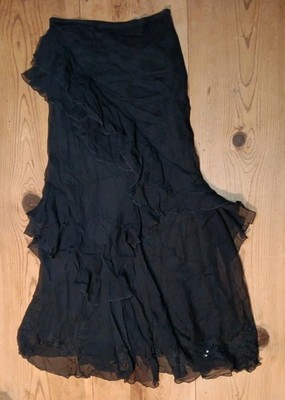 Vtg Cami International Black Silk Ruffle Pull On Maxi Skirt M Fairygrunge Gothic