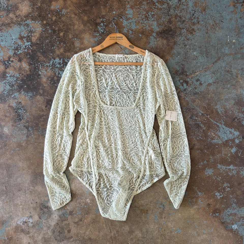 Free People Intimately In My Head Lace Bodysuit Size L Fern Moss Green Sheer - Image 2 of 4