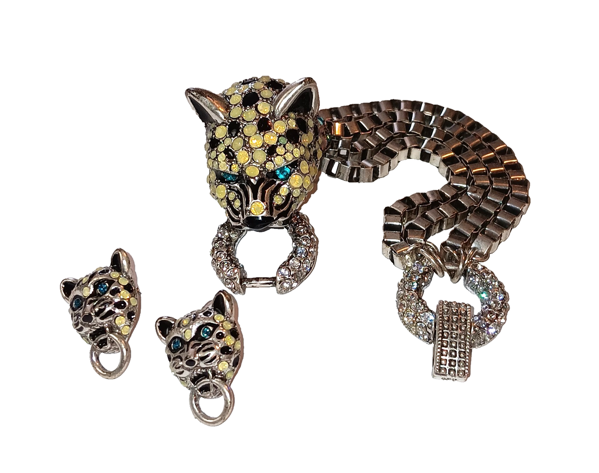 BETSEY JOHNSON SILVER TONE CRYSTAL PANTHER HEAD BRACELET EARRING SET  NWOT