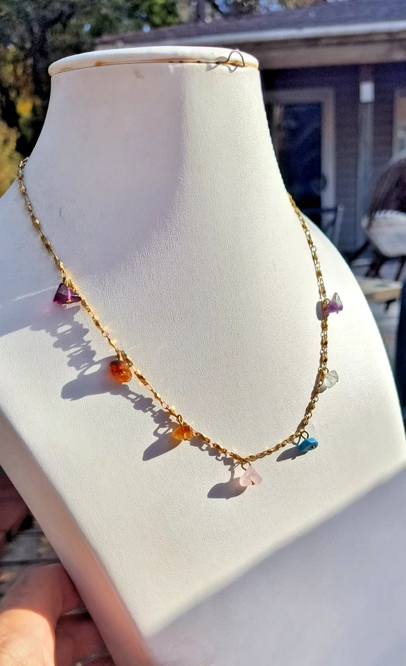 Collar Avon Chakra 2001 tono dorado 15-18" piedras reales nuevo en caja #183 Foto 4 de 4