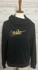 NIKE Size L Glitter Logo Fleece Funnel-Neck Hoodie Sweatshirt Black Gold
