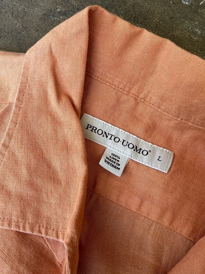 Pronto-Uomo Mens Shirt, Large Orange Short Sleeve Split Hem Pocket Linen. EUC. - Image 3 of 4