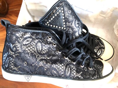 Guess Sneakers Womens Shoes Black and Silver Lace Overlay NEW