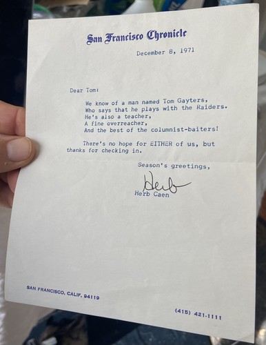 SIGNED Dec. 1971 HERB CAEN San Francisco Chronicle Limerick for OAKLAND TEACHER - Picture 2 of 3