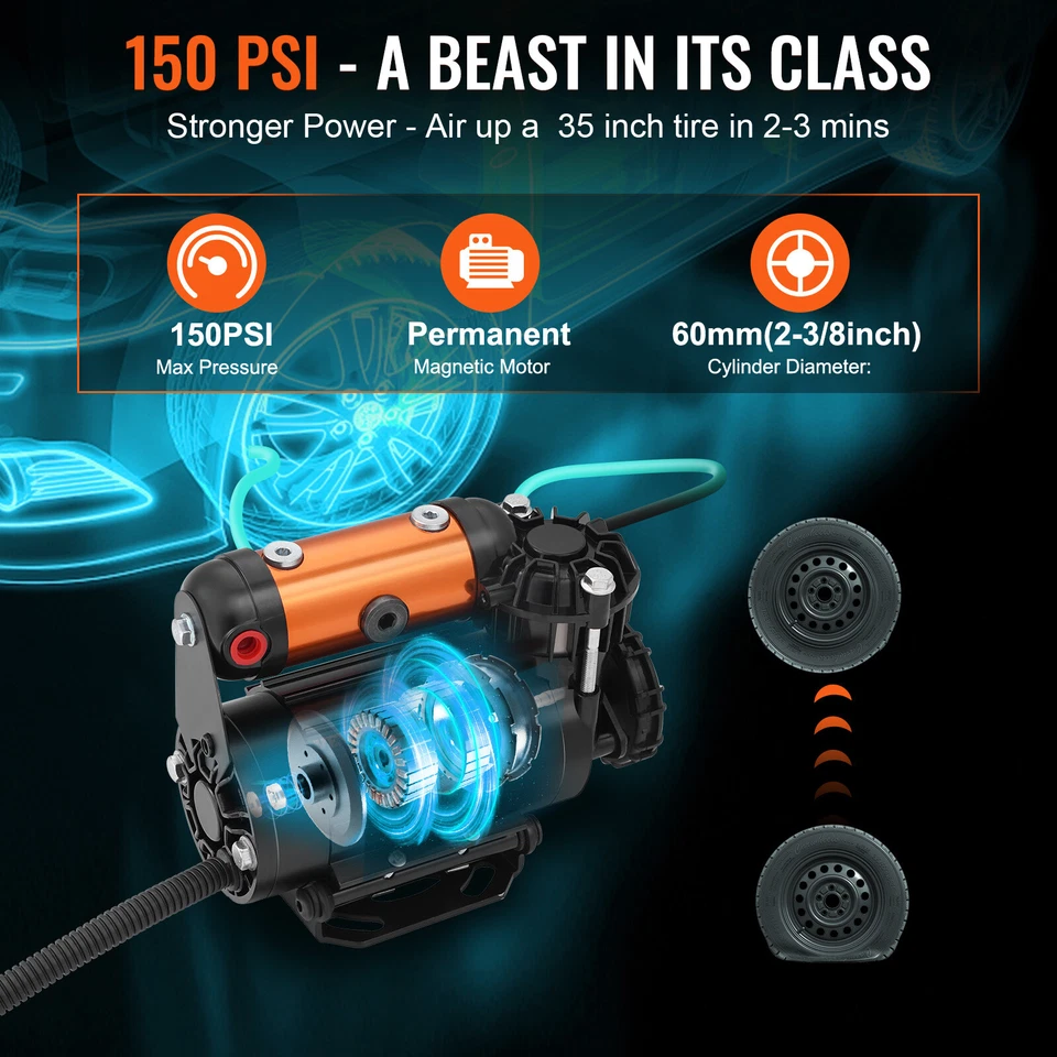 VEVOR On-Board 12V Air Compressor 150PSI 3.5CFM Portable Offroad Tire Inflator - Imagem 3 de 4
