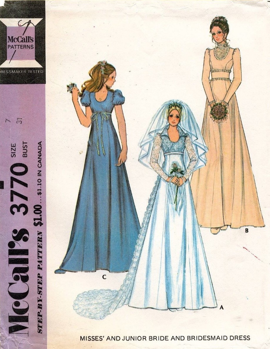 1970's VTG McCall's Junior Bride and Bridesmaid Dress Pattern 3770 Size 7 UNCUT