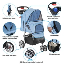 Pet Stroller Dogs & Cats Travel 3 Wheeler Blue Carrier Cart W/ 2 Cup Holder 