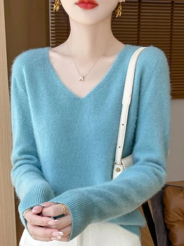 Women Knitted Sweaters Fashion V-Neck Top Sweater Autumn Warm Pullover Soft - Imagen 44 de 46