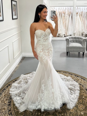 Mermaid Wedding Dresses Strapless Glitter Lace Appliques Sweep Train Bridal  Gown | eBay
