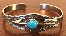 Small Vintage Childs Bell Nickel Silver  Turquoise Arrow Cuff Bracelet
