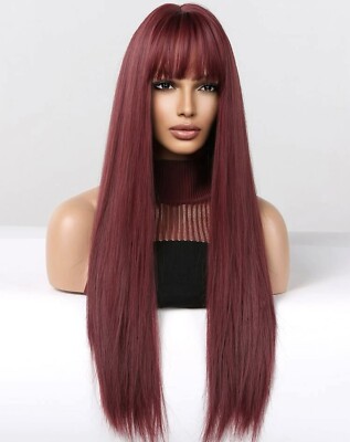 Perruque Synthétique Longue Droite Rouge Avec Frange - Bonnet Moyen + 4 Tailles - Neuf Sans étiquettes